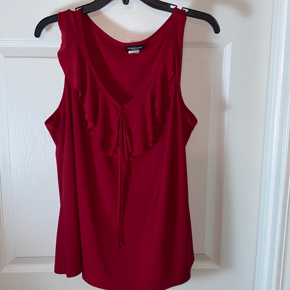 PerSeption Women Red Ruffle Neckline Sleeveless Top Plus Size 1X